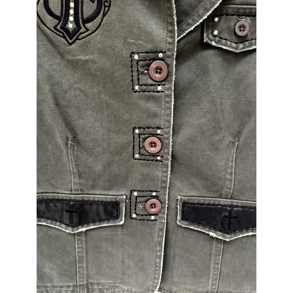 Jaded by Knight Green Military-style Blazer Jacket with Leather & Crystals  Sz M - Picture 5 of 10